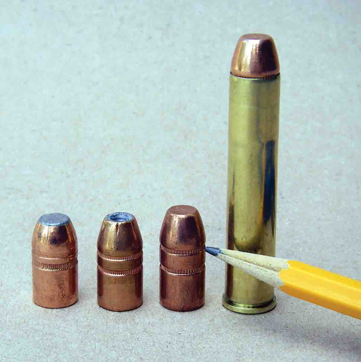 Bullets with dual crimp grooves, such as (left to right): the Speer 300-grain PSP, Hornady 300-grain XTP and Barnes 300-grain